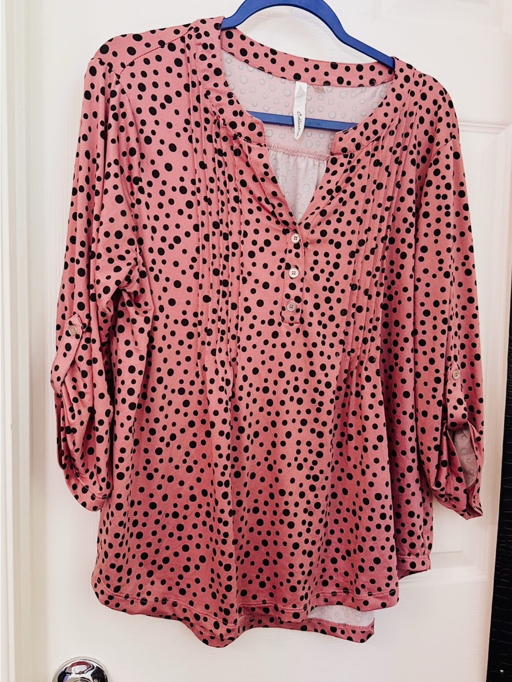 NY Collection Pink Polka Dot Henley Blouse